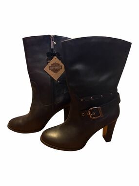 NWT Harley-Davidson "Estelle" Black Leather Heeled Boots Size 10. Y2K